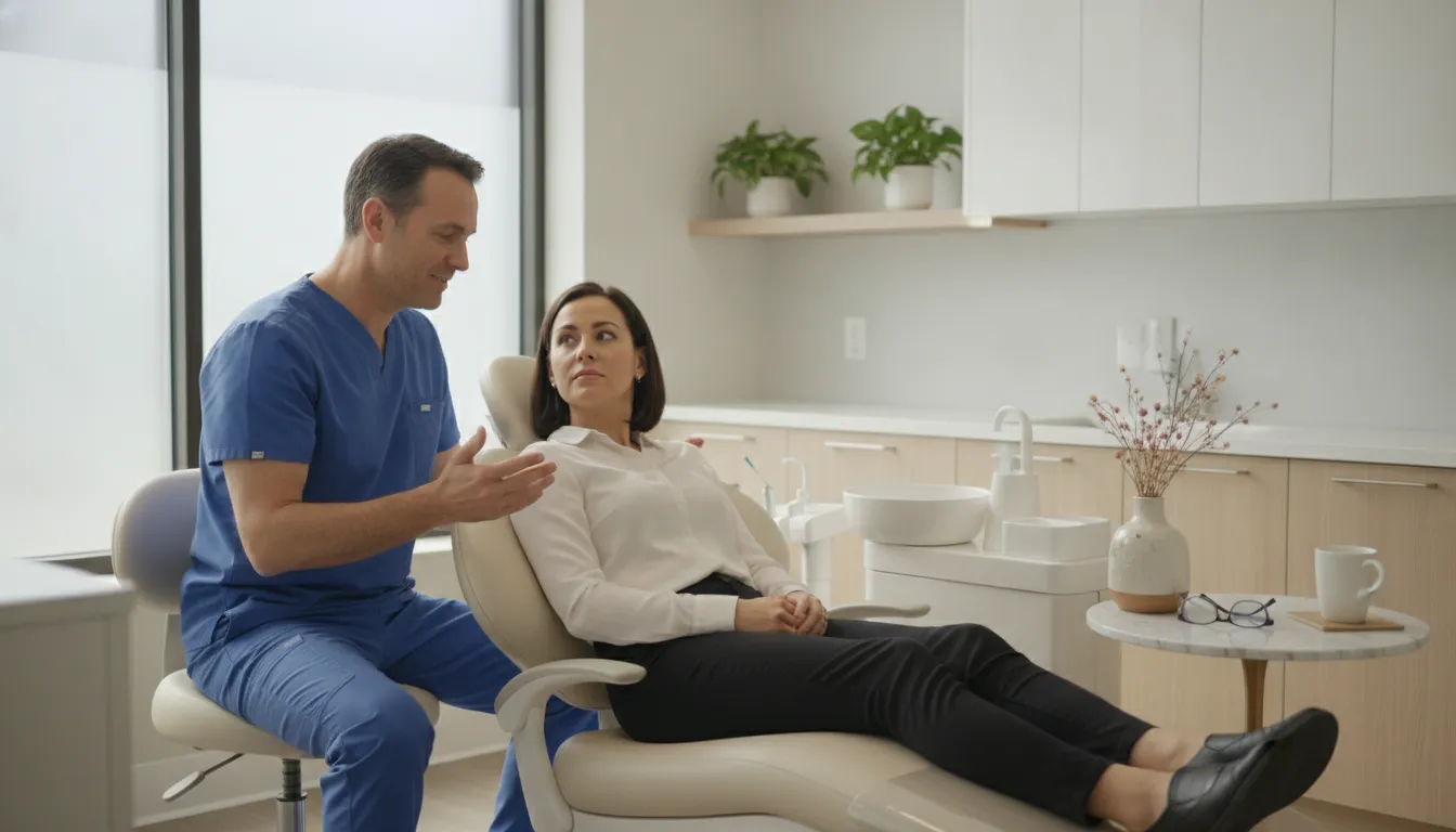 Dentist discussing sedation options with a comfortable adult patient