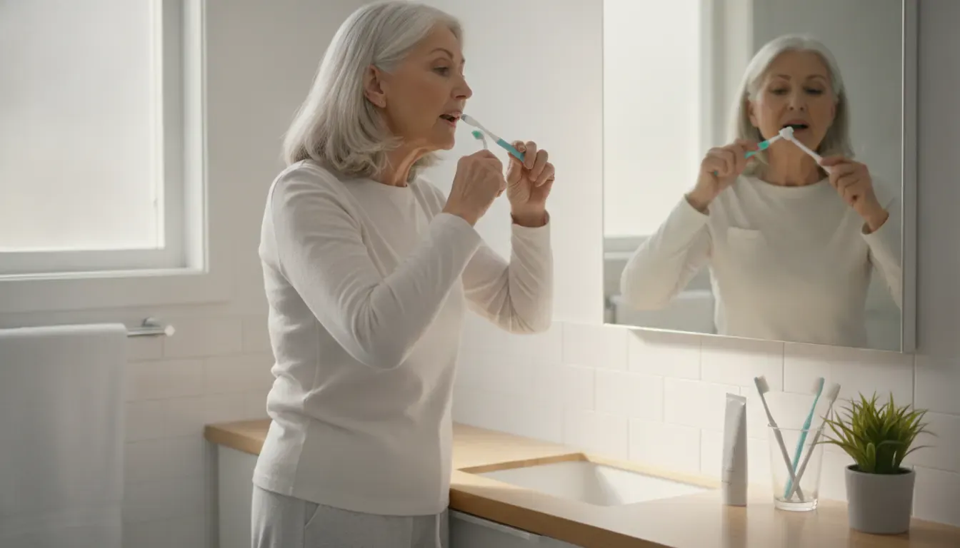 Older adult practicing a careful oral hygiene routine at home