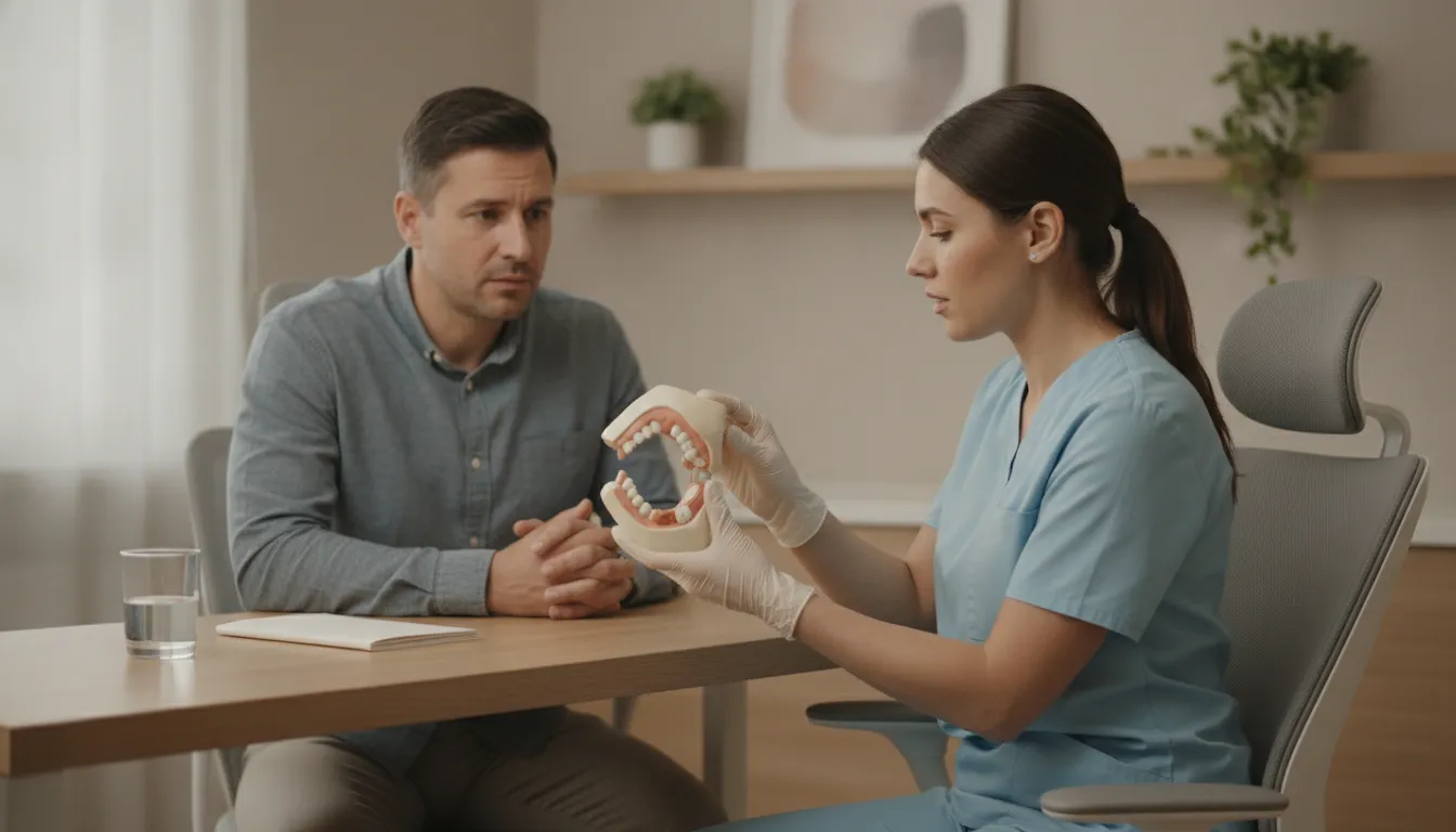 Dentist explaining jaw anatomy to a patient during a TMJ consultation