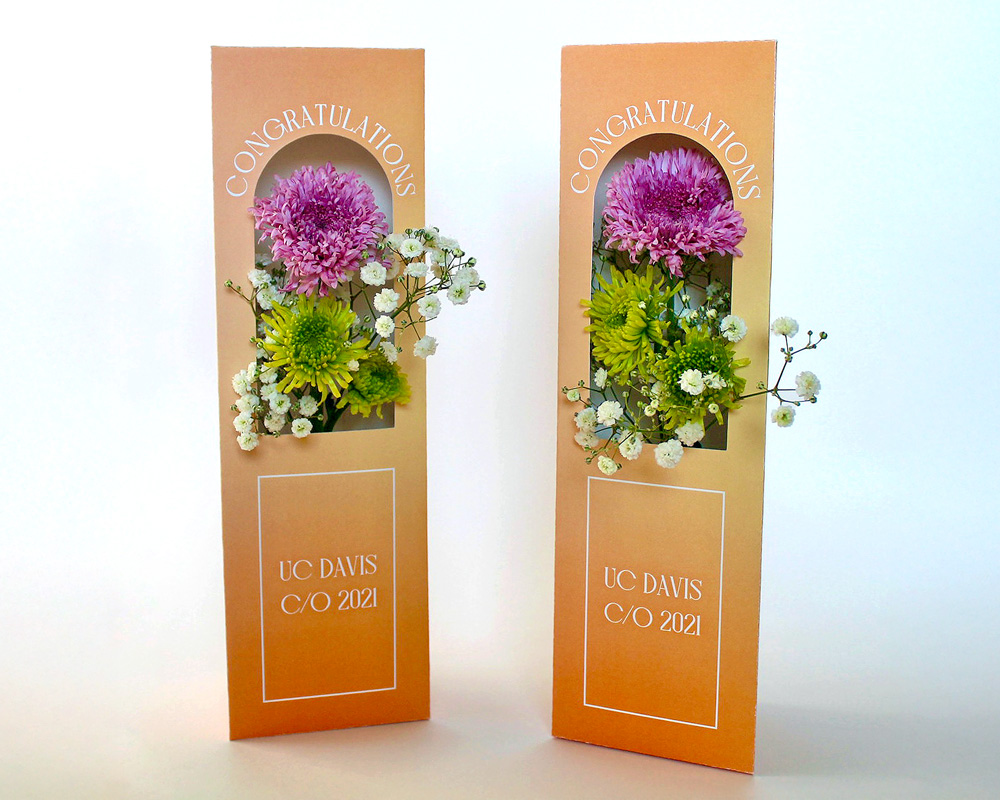 Two peach-colored boxes with arch-shaped cutouts holding purple and green flowers, labeled 'Congratulations UC Davis C/O 2021'.