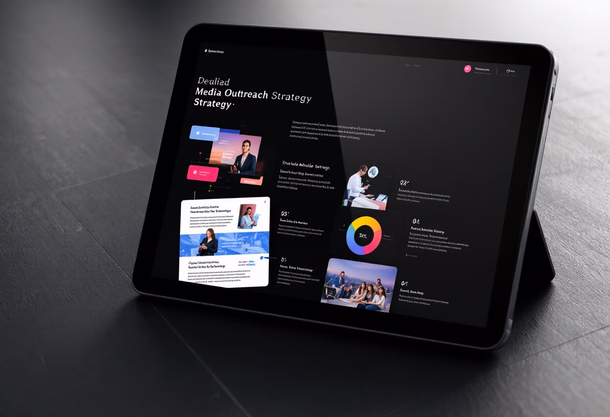 [digital project] media outreach strategy displayed on a tablet in a real-life context