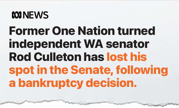 ABC News headline stating former One Nation turned independent WA senator Rod Culleton lost his Senate spot following a bankruptcy decision.