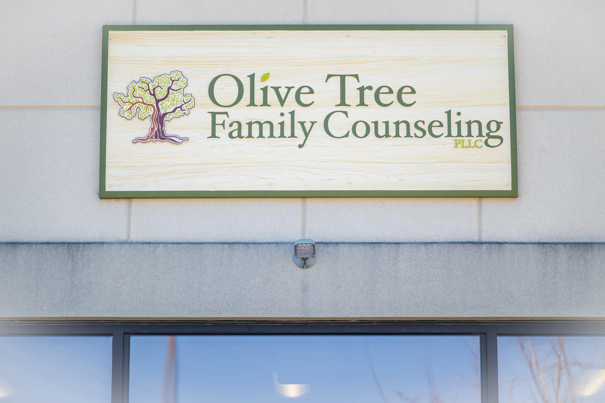 The Olive Tree Family Counseling sign hanging above the doors of their location in New Bern, NC