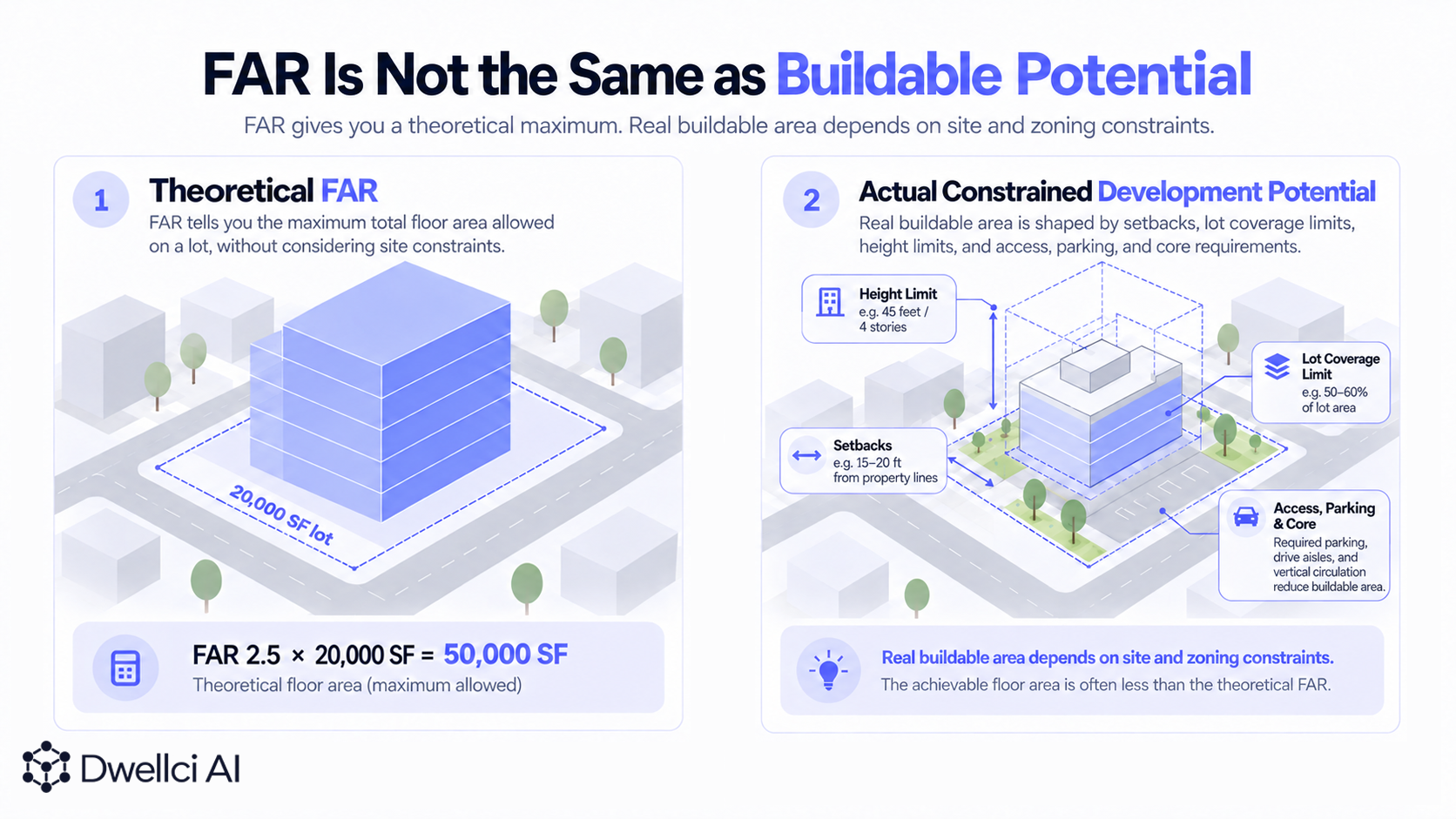Comparison of theoretical FAR and actual constrained development potential on a development site.
