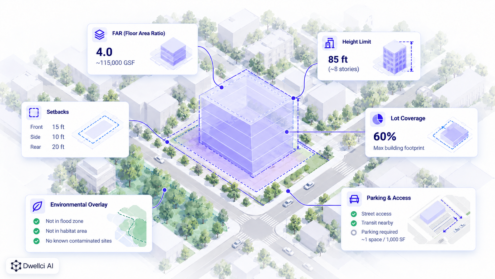 Illustrative buildable envelope showing FAR, setbacks, height, lot coverage, environmental overlays, and parking and access constraints.