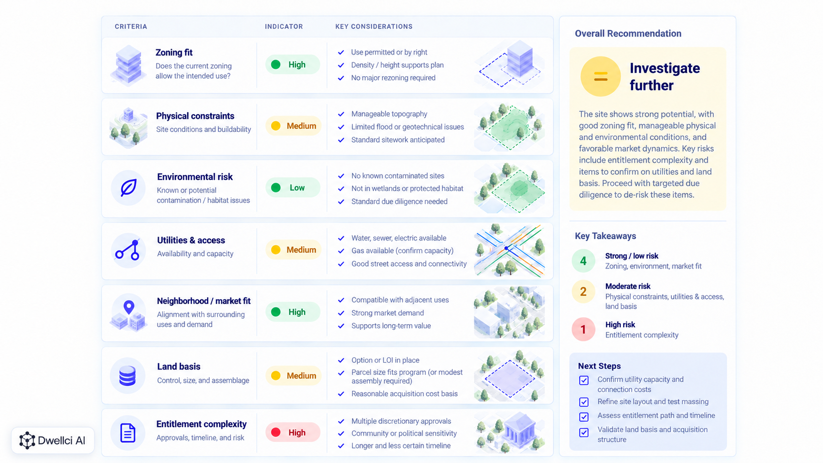 Go/no-go development site screening scorecard comparing zoning, physical constraints, environmental risk, utilities, market fit, land basis, and entitlement complexity.