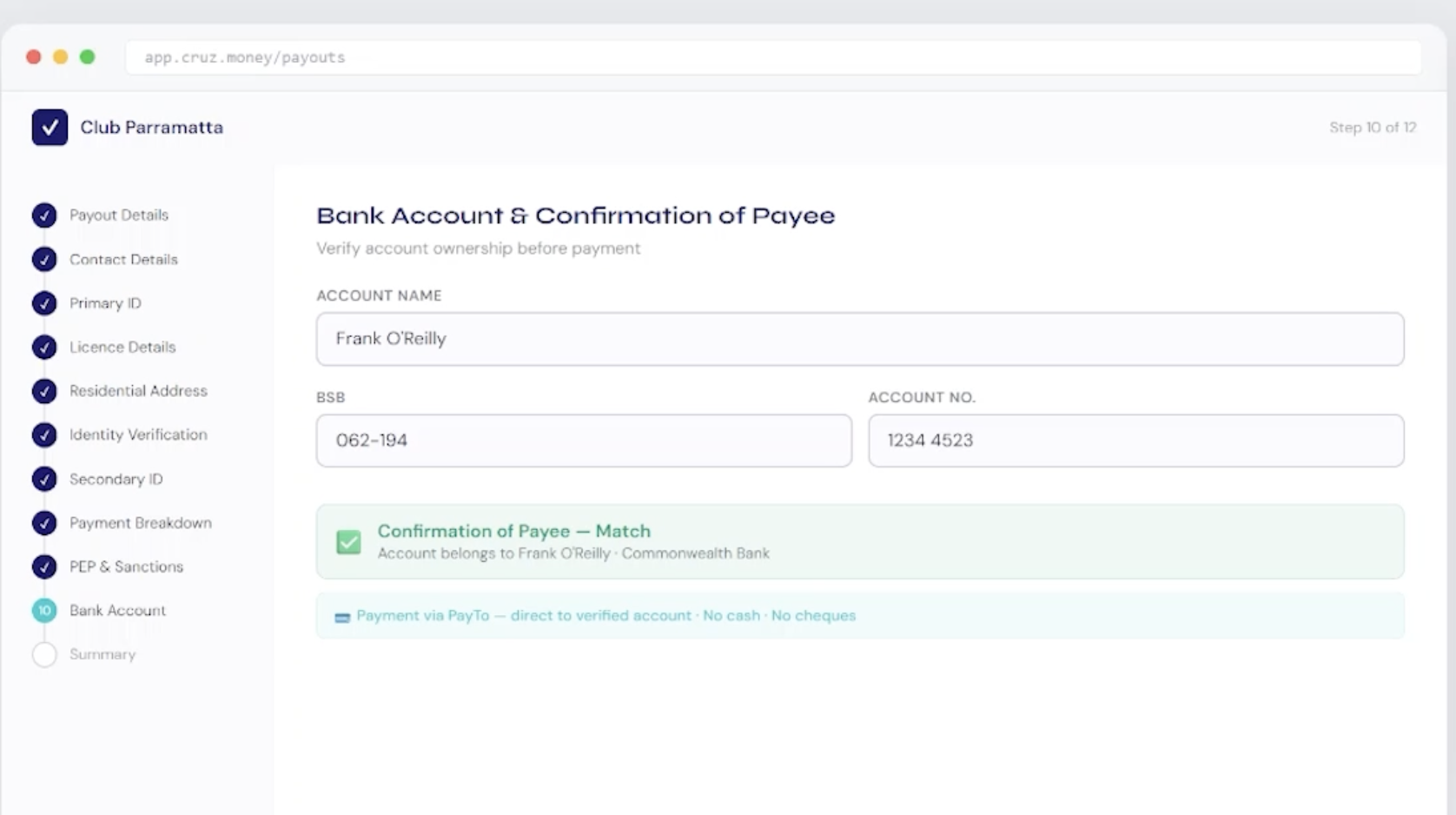 Bank account verification Screen of CRUZ Payouts software