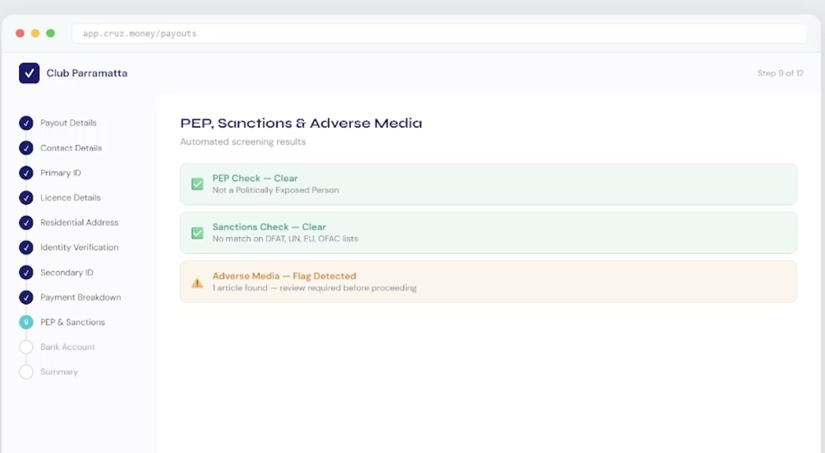 Real time risk screening for payment, Screen of CRUZ Payouts software