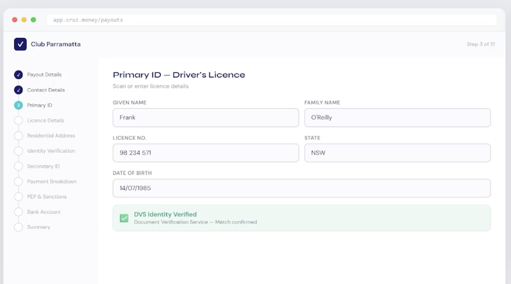ID Verification Screen of CRUZ Payouts software