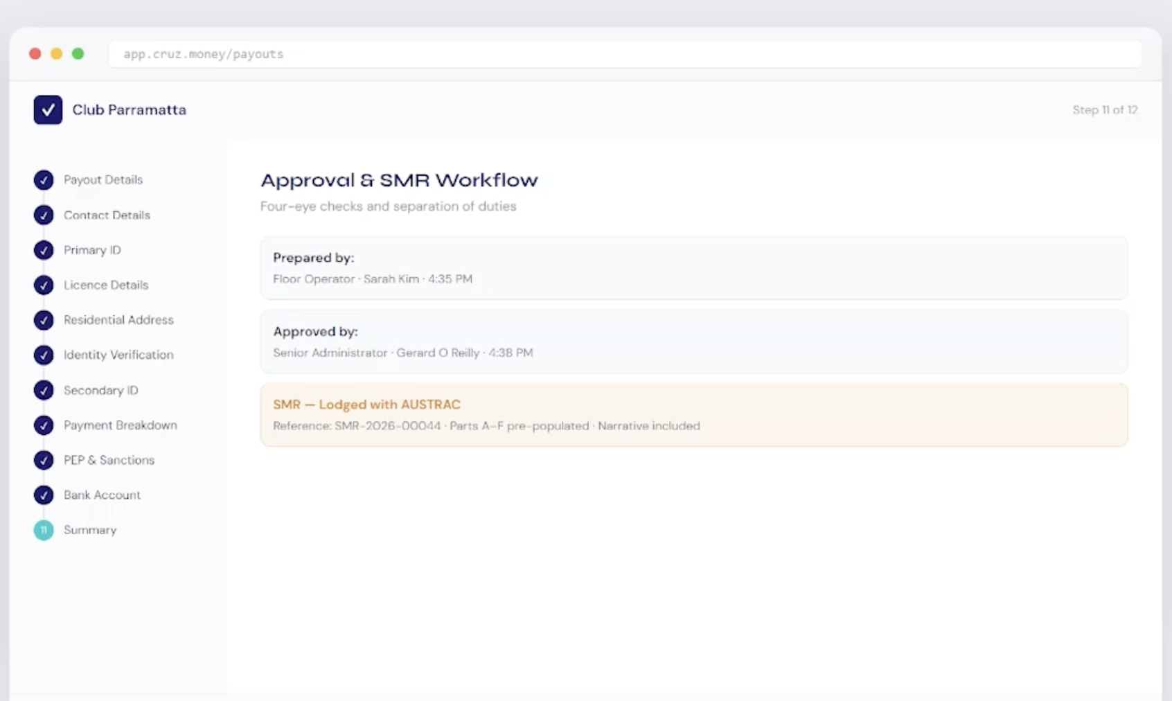 Reporting workflow Screen of CRUZ Payouts software
