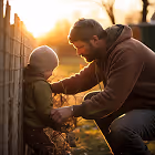 Adult man crouching and helping a child with a jacket near a fence during sunset.