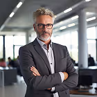 Confident mature man with gray hair and glasses standing with arms crossed in modern office.