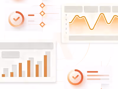 Abstract dashboard with bar charts, line graph, and checkmark icons in orange tones.