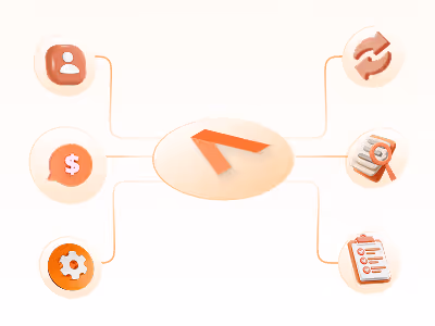 Central stylized arrow icon connected to six surrounding icons representing user profile, currency, settings, sync, document search, and checklist.