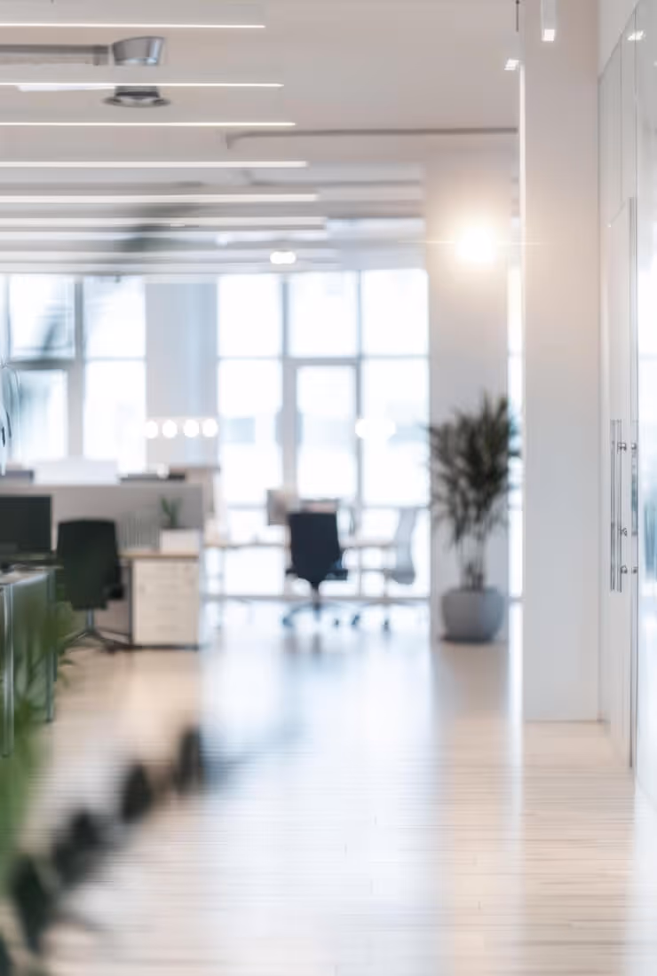Bright modern office interior with desks, chairs, large windows, and potted plants.
