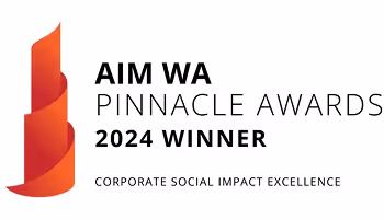 AIM WA Pinnacle Awards 2024 Winner badge for Corporate Social Impact Excellence with a red spiral design.