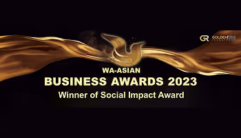 Golden abstract ribbon forming a bird with text WA-Asian Business Awards 2023 Winner of Social Impact Award on black background.