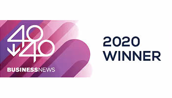 2020 winner badge for 40 under 40 Business News with purple and white design.