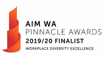 AIM WA Pinnacle Awards 2019/20 Finalist logo for Workplace Diversity Excellence featuring a red ribbon-like spiral shape.