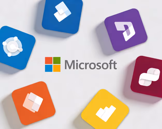 Microsoft logo surrounded by colorful app icons representing Microsoft 365 services.