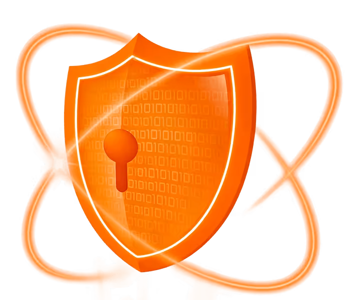 Orange shield with a keyhole in the center surrounded by a glowing atomic orbit symbolizing cybersecurity or data protection.