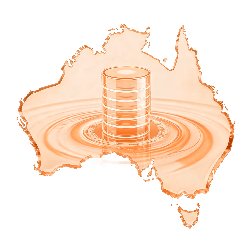Orange-tinted glass of water centered within an outline of Australia filled with concentric ripple waves.