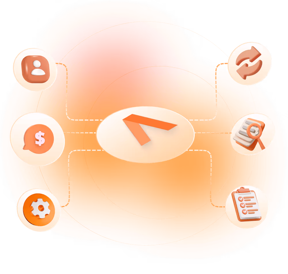 Central orange arrow icon connected by dashed lines to six related icons including user, dollar sign in speech bubble, gear, refresh arrows, document with magnifying glass, and checklist.
