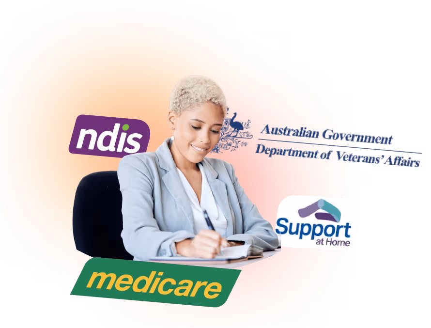 A happy accountant sorrounded by Care  funding logos