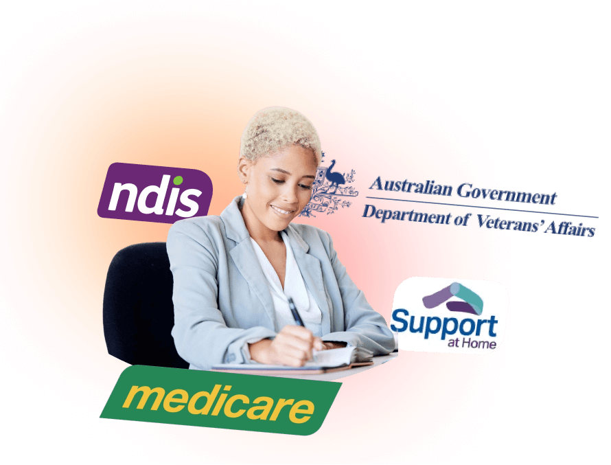 A happy accountant sorrounded by Care  funding logos