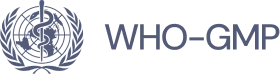 WHO-GMP logo indicating adherence to World Health Organization Good Manufacturing Practices