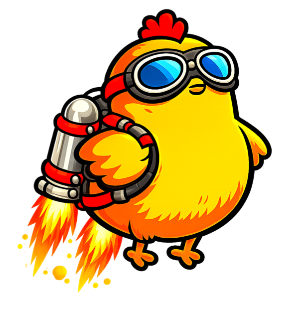 Cartoon chicken wearing goggles and a jetpack