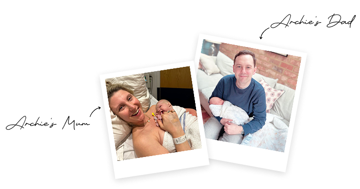 Two polaroid photos of a man and a women holding a baby