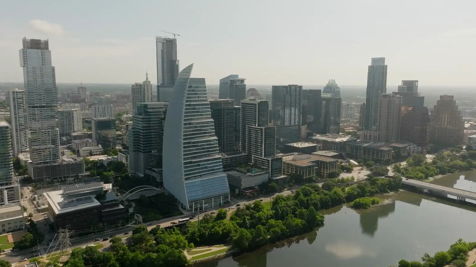 Aerial view of the Austin skyline over the river