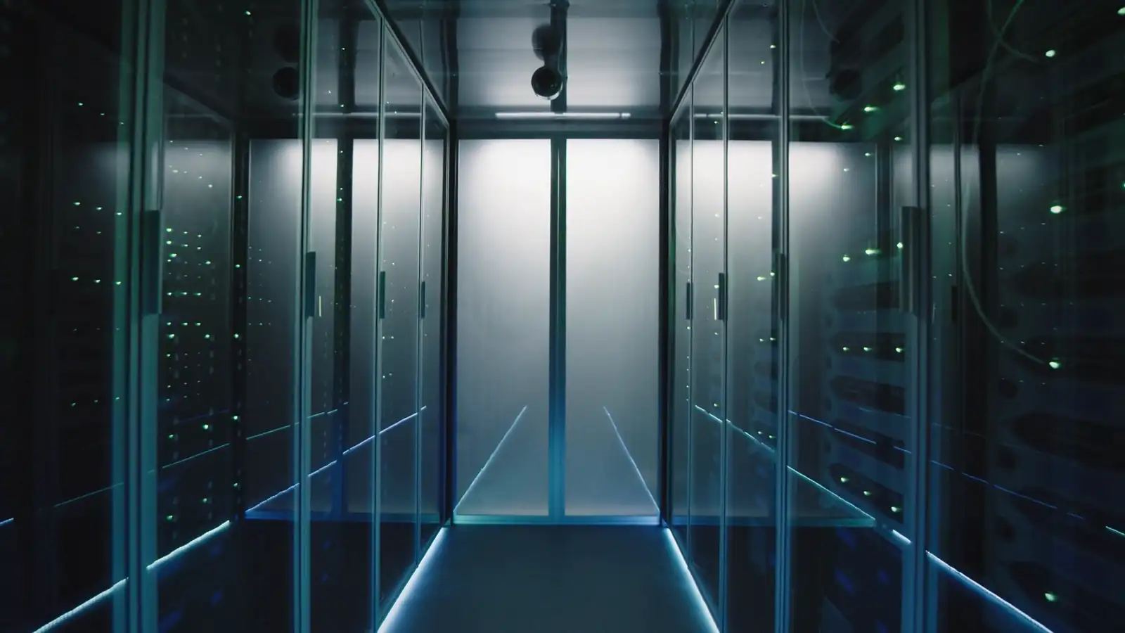 Data center aisle with rows of illuminated server racks