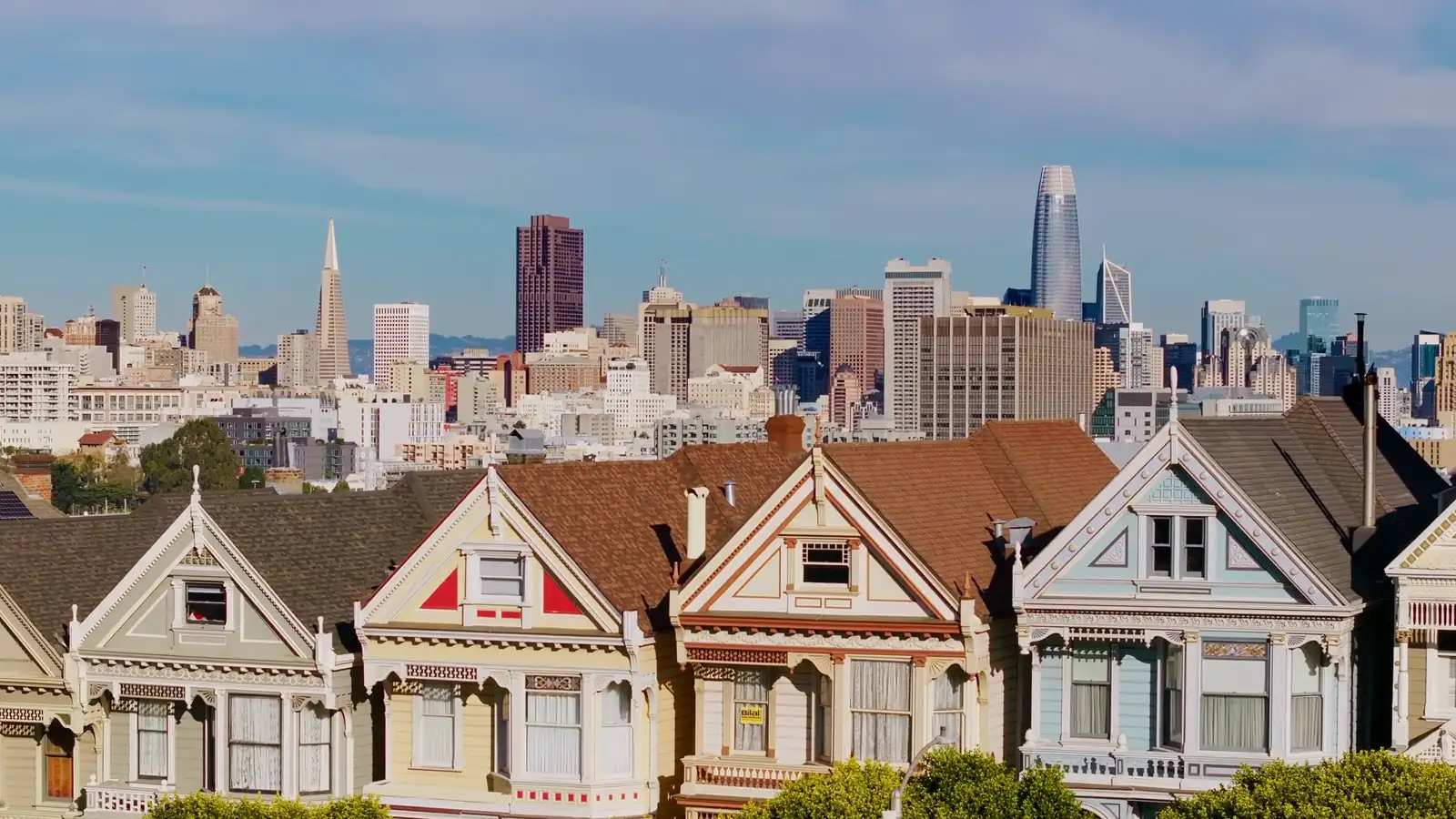 Aerial view of San Francisco above the Painted Ladies looking toward downtown