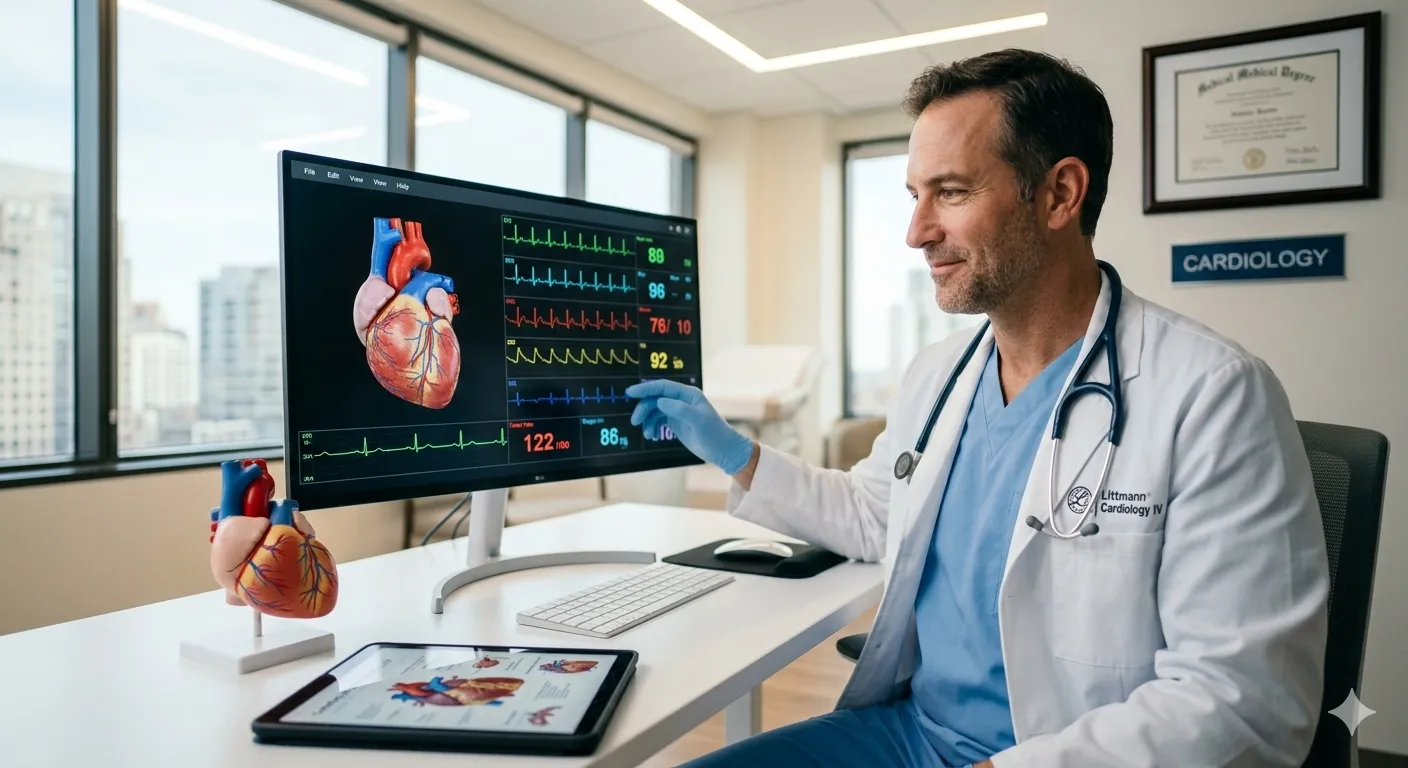 Cardiologist in blue scrubs and white coat analyzing heart data on a computer screen in a modern office.