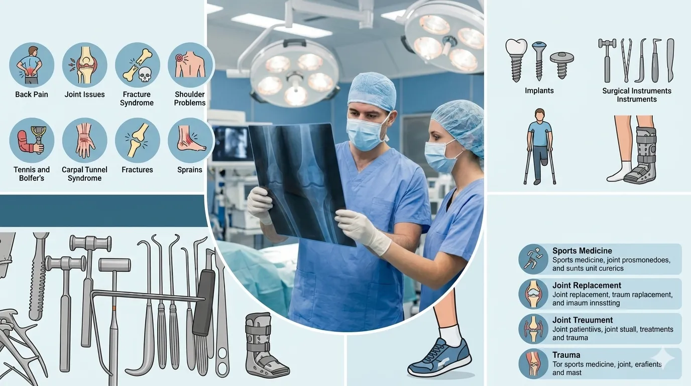Two surgeons in masks and scrubs examining an X-ray in an operating room, surrounded by illustrations of orthopedic conditions, surgical instruments, implants, and treatment categories.