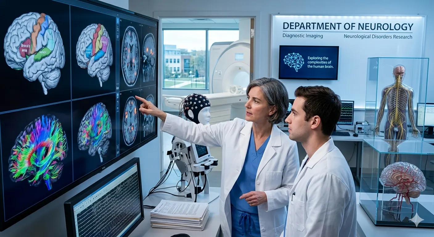 Two neurologists in lab coats analyzing brain scans and neurological data on large monitors in a neurology research lab.