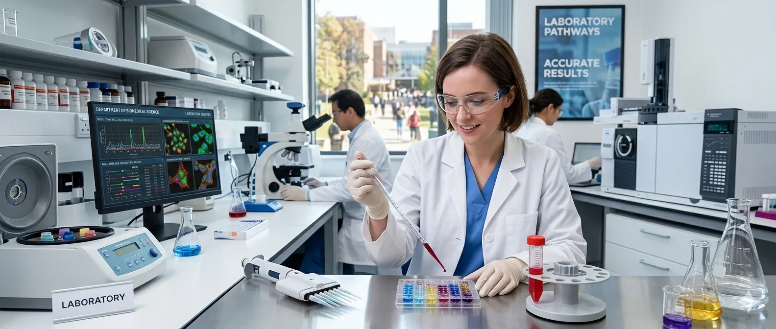 Female scientist in safety glasses using a pipette to add liquid to a multi-well plate in a modern laboratory.