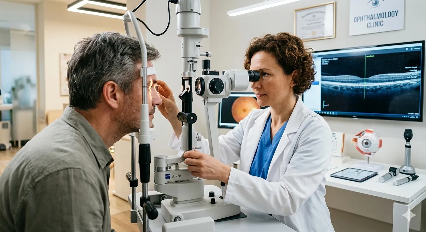 Female ophthalmologist examining a male patient's eye using a slit lamp in a clinic with eye scans displayed on monitors.