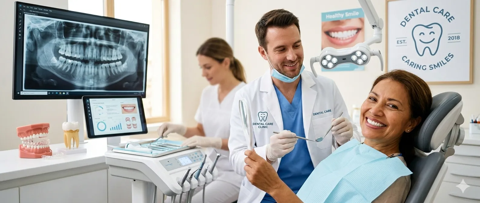 Smiling woman patient in dental chair holding a mirror while dentist and assistant prepare tools in a modern dental clinic.