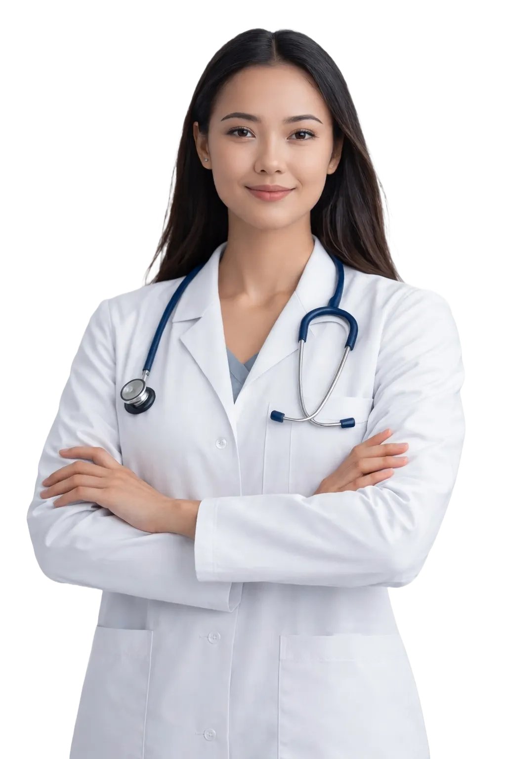 Confident female doctor with long dark hair wearing a white coat and stethoscope, arms crossed.