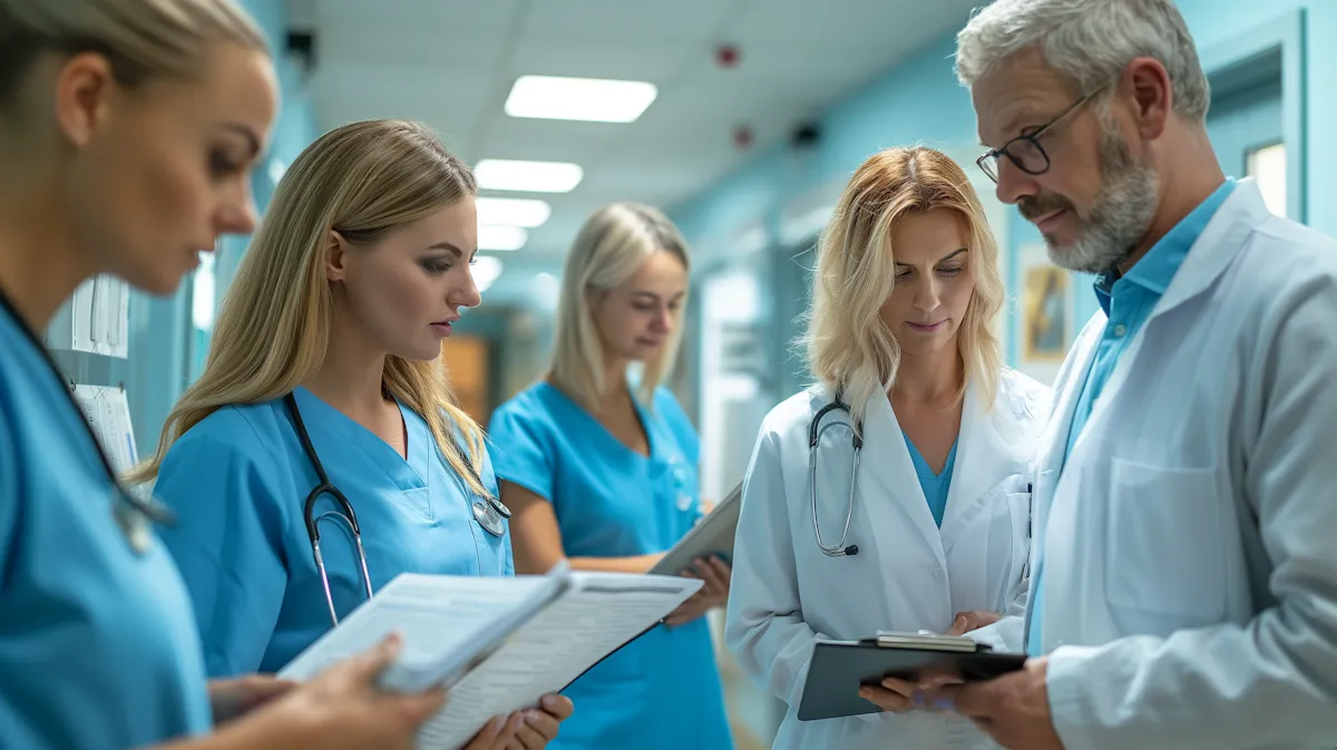 Group of healthcare professionals in a hospital corridor reviewing patient charts and discussing medical information.