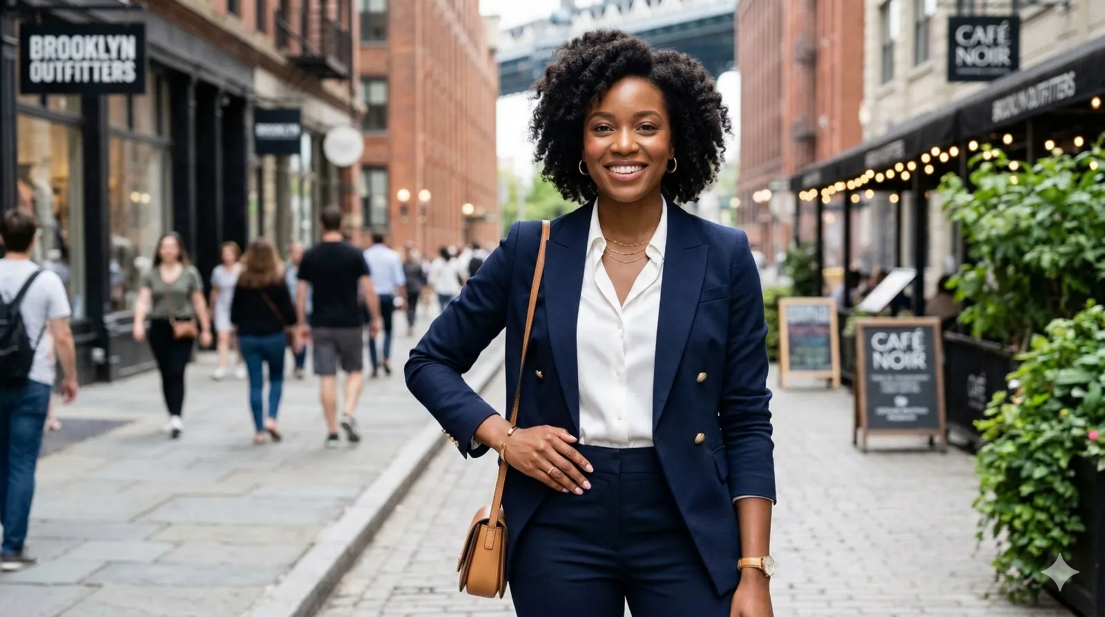 Smiling woman in navy suit and white shirt standing on a busy city street with shops and pedestrians.