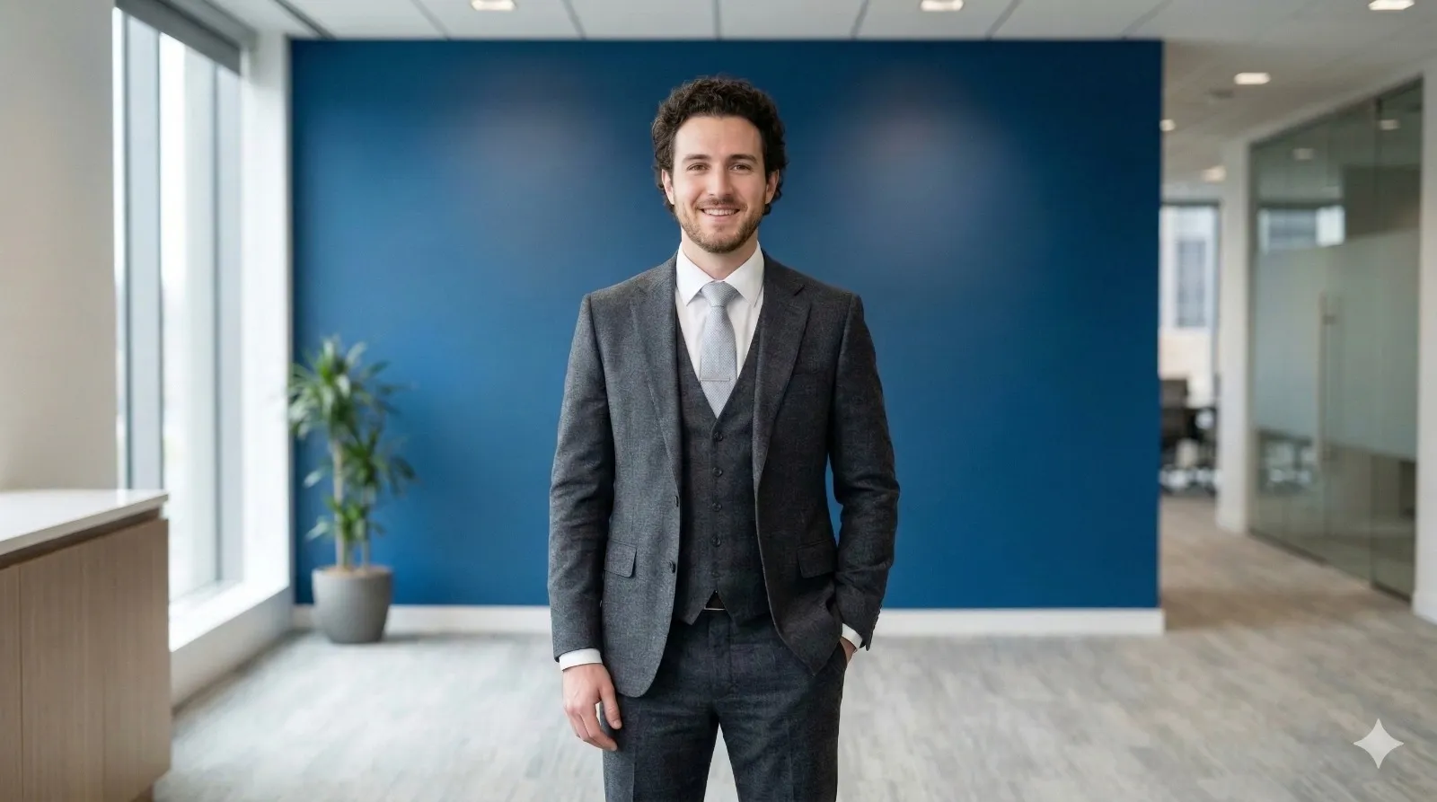 Smiling man in gray suit with tie standing in a modern office with blue accent wall.