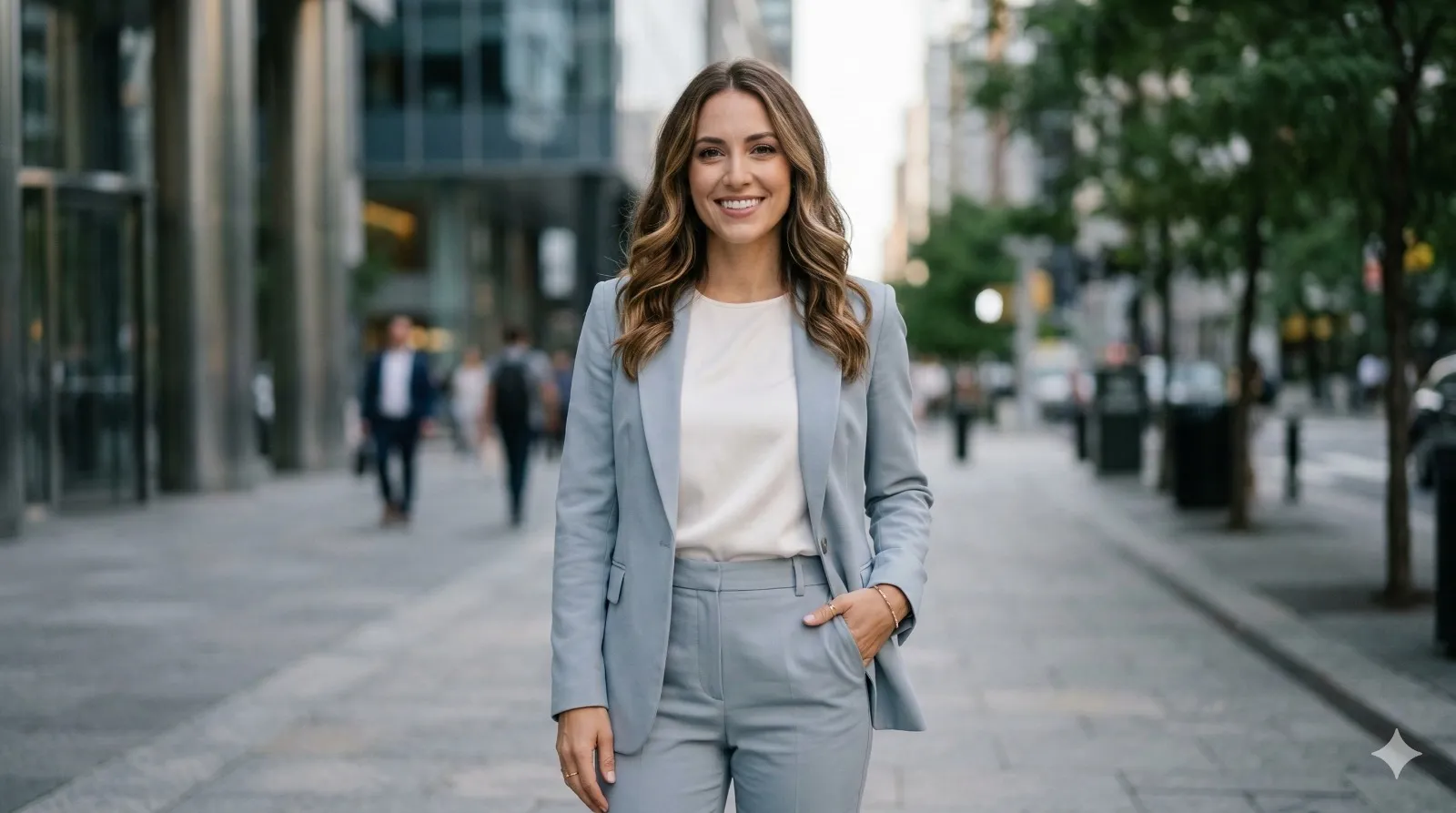 Smiling woman with wavy brown hair wearing a light blue suit and white top standing on a city sidewalk.