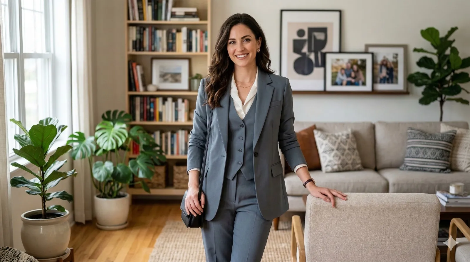 Smiling woman in gray suit standing in a cozy living room with plants, bookshelves, and framed photos.