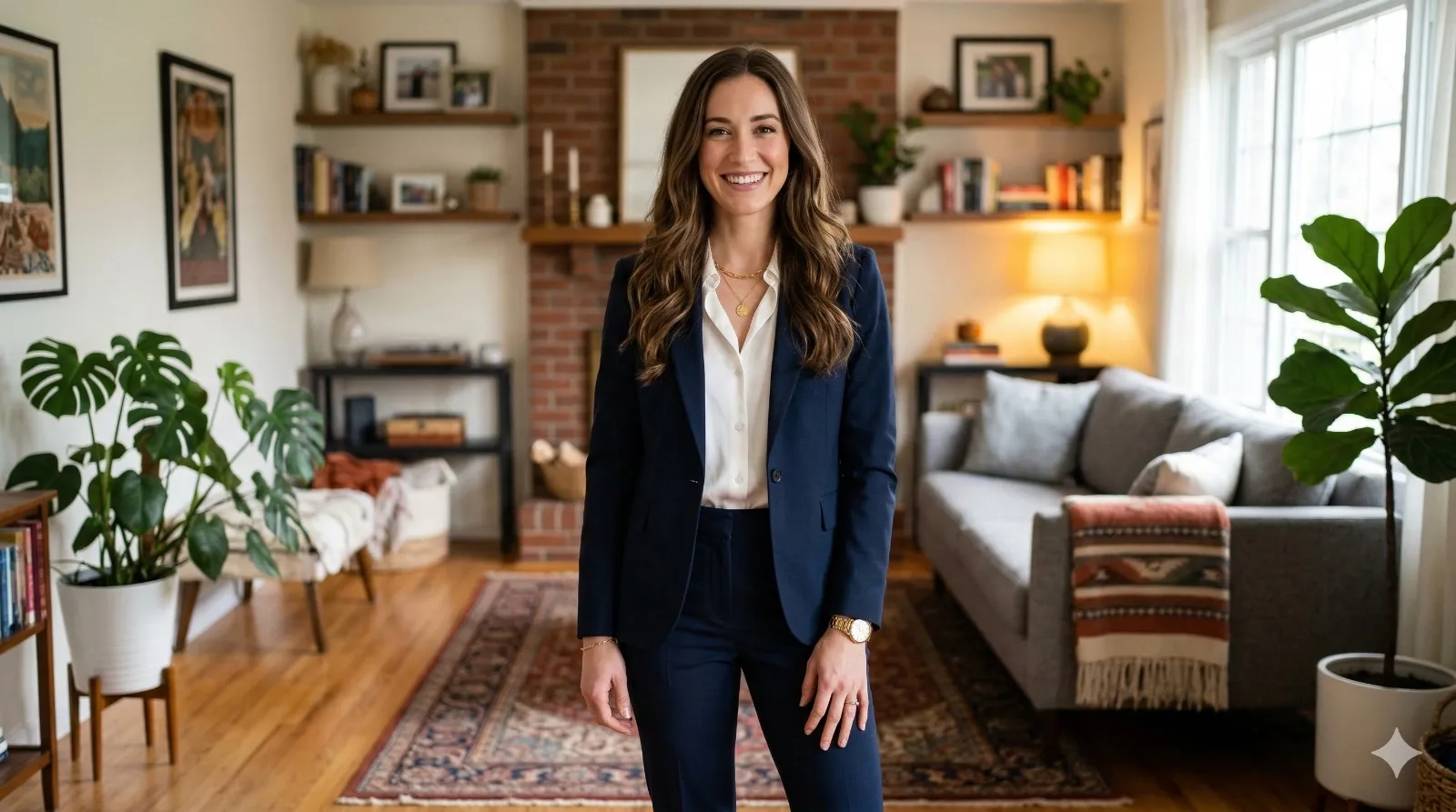 Smiling young woman in a navy suit standing in a warmly lit living room with plants, bookshelves, and a sofa.