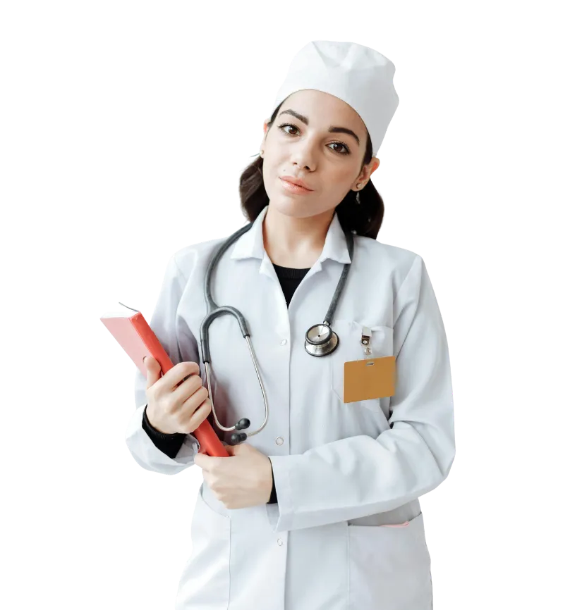 Female doctor wearing a white coat and cap holding a red folder with a stethoscope around her neck.