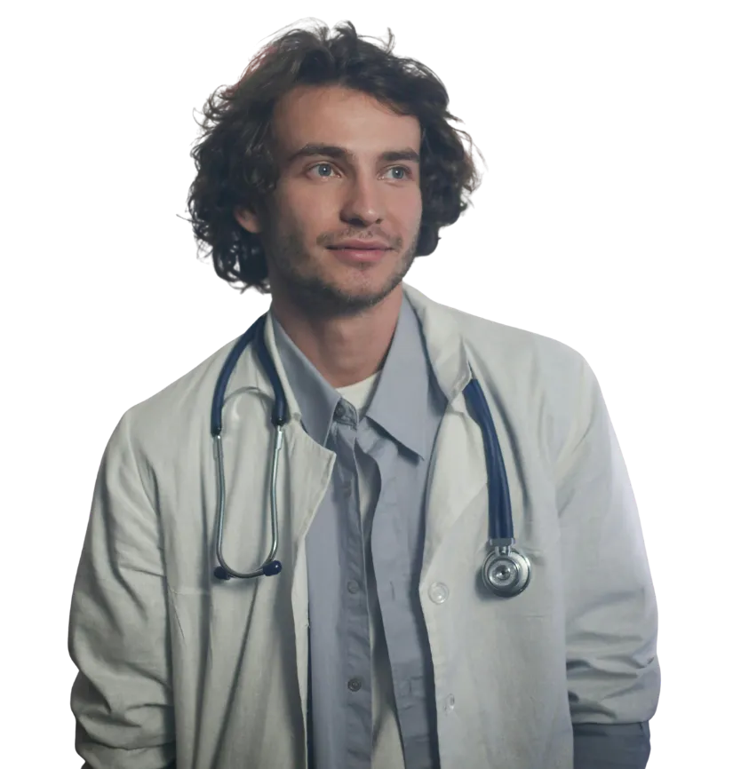 Young male doctor with curly hair wearing a white coat and stethoscope around his neck looking slightly to the side.